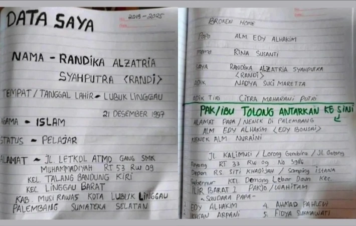 Surat berisi wasiat dan data diri Randika Alzatria Syahputra. [TikTok]
